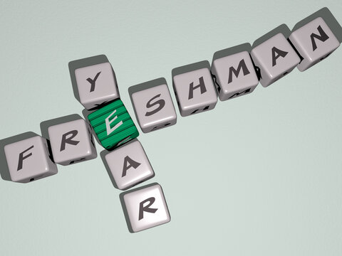 crosswords of freshman year arranged by cubic letters on a mirror floor, concept meaning and presentation