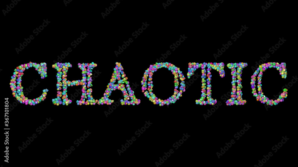 Poster colorful 3d writing of chaotic text with small objects over a dark background and matching shadow. a