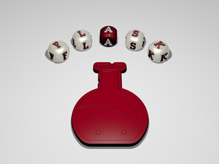 3D representation of flask with icon on the wall and text arranged by metallic cubic letters on a mirror floor for concept meaning and slideshow presentation. illustration and chemical