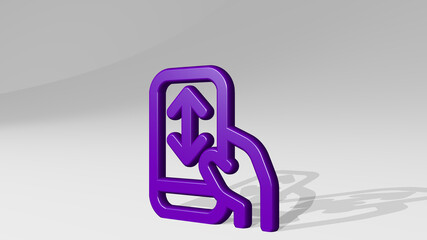 phone scroll from a perspective with the shadow. A thick sculpture made of metallic materials of 3D rendering. mobile and business