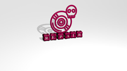3D representation of repair with icon on the wall and text arranged by metallic cubic letters on a mirror floor for concept meaning and slideshow presentation. illustration and background