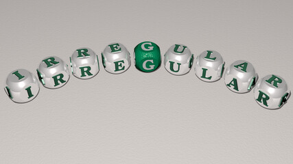 crosswords of IRREGULAR arranged by cubic letters on a mirror floor, concept meaning and presentation. background and illustration