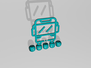 3D representation of TRUCK with icon on the wall and text arranged by metallic cubic letters on a mirror floor for concept meaning and slideshow presentation. illustration and car