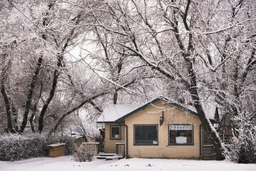 House in small town covered in snow 
