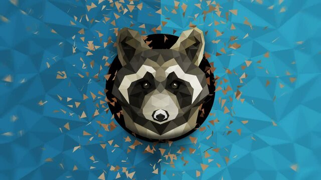 Polygonal Raccoon background. Animal head. Low polygon loop animation. Geometric wildlife. Polygonal animal portrait.