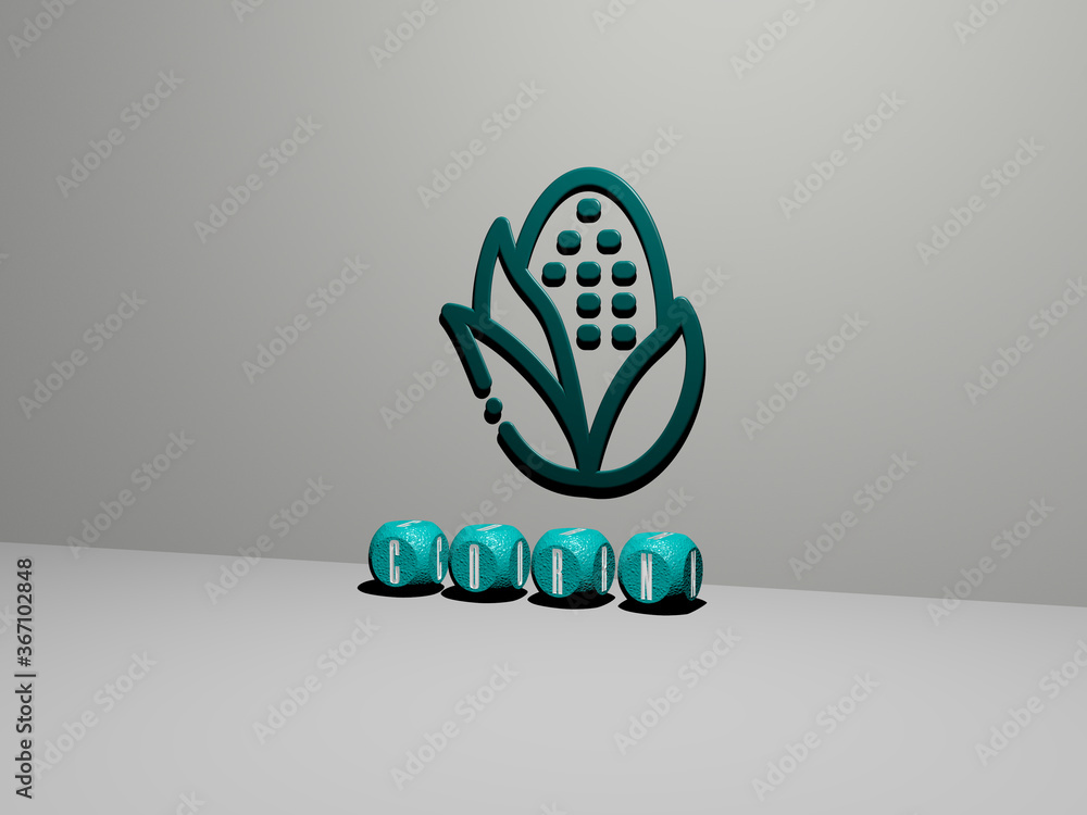 Poster 3d graphical image of corn vertically along with text built by metallic cubic letters from the top p