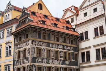 Fototapeta na wymiar House at the Minute or Dum U Minuty in Czech, on Old Town Square in Prague, Franz Kafka home in Czech Republic