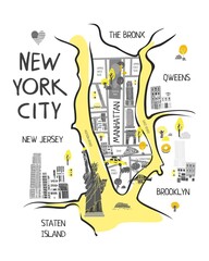 New York map flat cartoon hand drawn vector illustration. Areas of New York on a decorative map for tourist guide and promo gift . NY travel, trip comic infographic poster, banner concept design