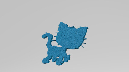 CAT from a perspective on the wall. A thick sculpture made of metallic materials of 3D rendering. animal and illustration