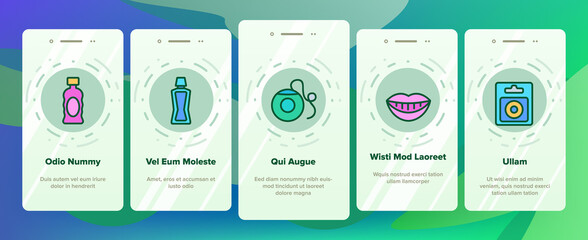 Mouth Wash Hygiene Onboarding Mobile App Page Screen Vector. Mouth Wash Liquid Bottle And Toothpaste Tube, Dental Floss And Teeth Tool Oral Care Cleaner Illustrations