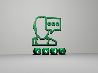 3D representation of CHAT with icon on the wall and text arranged by metallic cubic letters on a mirror floor for concept meaning and slideshow presentation. illustration and communication