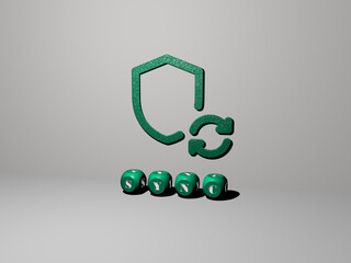 3D representation of sync with icon on the wall and text arranged by metallic cubic letters on a mirror floor for concept meaning and slideshow presentation. illustration and cloud