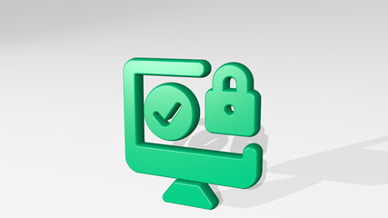 PASSWORD DESKTOP LOCK APPROVED stand with shadow. 3D illustration of metallic sculpture over a white background with mild texture. icon and security