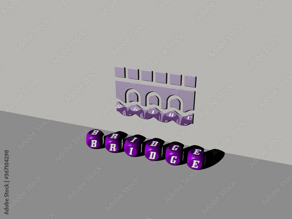 Poster 3d representation of bridge with icon on the wall and text arranged by metallic cubic letters on a m