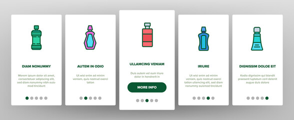 Mouth Wash Hygiene Onboarding Mobile App Page Screen Vector. Mouth Wash Liquid Bottle And Toothpaste Tube, Dental Floss And Teeth Tool Oral Care Cleaner Illustrations