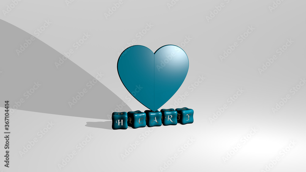Poster 3d graphical image of heart vertically along with text built by metallic cubic letters from the top 