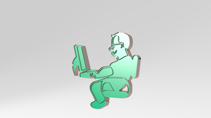 MAN WORKING WITH COMPUTER on the wall. 3D illustration of metallic sculpture over a white background with mild texture. business and office