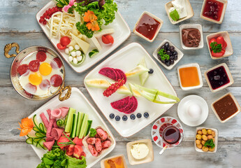 Delicious traditional turkish breakfast on wooden table
