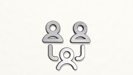 MULTIPLE USERS made by 3D illustration of a shiny metallic sculpture on a wall with light background. abstract and blue