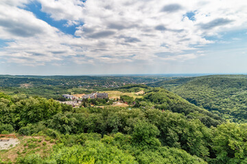 Vrdnik, Serbia-July 15, 2020: Resort Hotel Fruske terme in Ethnic  Village Vrdnicka kula. View of Fruska gora, the largest mountain in Vojvodina.