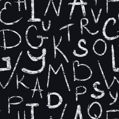 Monochrome pattern, English and Latin alphabet, random letters. Chalk imitation.