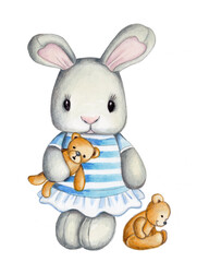 Obraz na płótnie Canvas Cute cartoon bunny rabbit hare with toy bear. Watercolor hand drawn illustration, isolated.