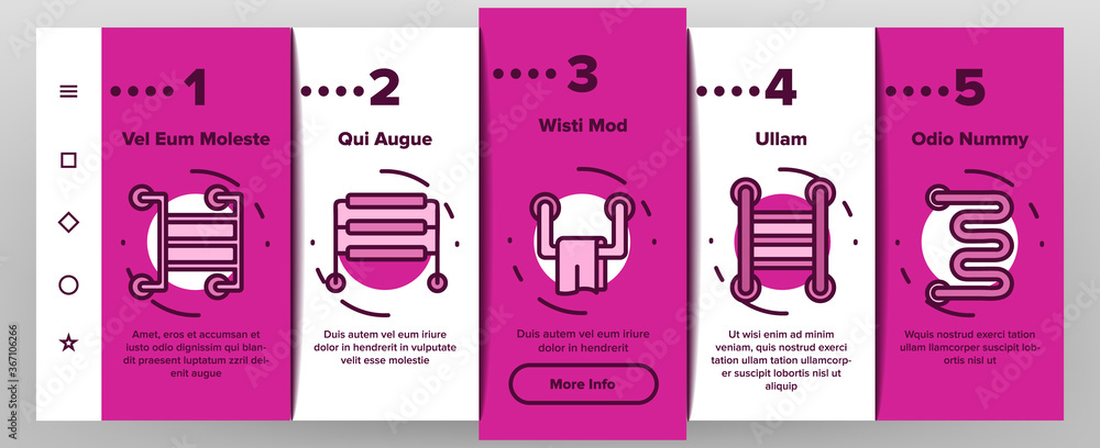 Poster heated towel rail onboarding mobile app page screen vector. towel rail bathroom heating radiator dev