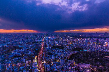 Tokyo city night view, sunset in the mountains