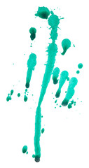 Stain  drips, green paint watercolors. Splashes on white background
