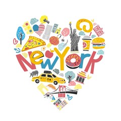 Color decorative heart with the symbols of New York and the words New York in the center. Tourist emblem for guides, promo, poster hand drawn on white background. Cute cartoon vector illustration.
