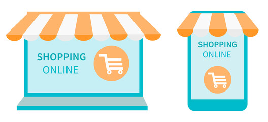 Shopping online in an online store on laptop and website, on smartphone and mobile application. Computer and Phone with awning. Vector illustration in flat design.