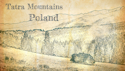 Wooden cottage in Tatra mountains, sketch on old paper