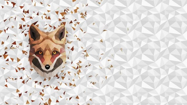 Polygonal Fox background. Animal head. Low polygon loop animation. Geometric wildlife. Polygonal animal portrait.