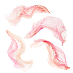 Fabric Cloth Pieces Flying on Wind, Set of Flowing Fluttering Pink Silk, Isolated on White...