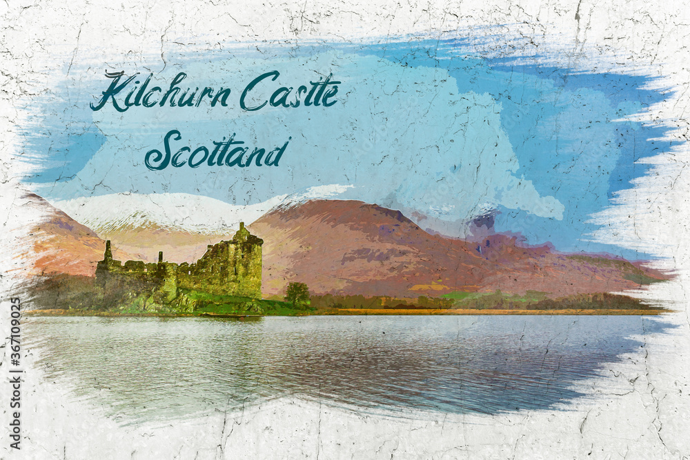 Wall mural kilchurn castle over lake, scotland, watercolor painting