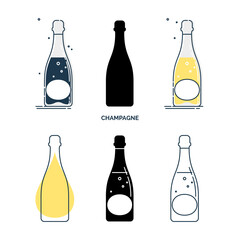 Set of bottles with champagne in different styles. Template alcohol beverage for restaurant, bar, pub. Symbol party. Collection one drink. Isolated flat illustration on white background