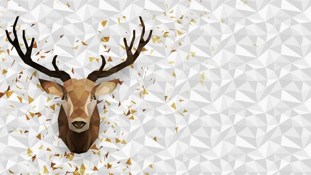 Polygonal Deer background. Animal head. Low polygon loop animation. Geometric wildlife. Polygonal animal portrait.