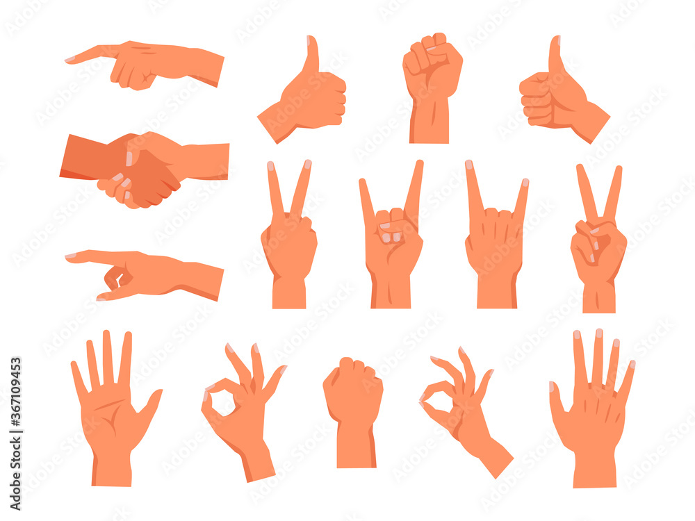 Aufkleber set of vector hand gesture. non verbal palm symbol. clenched or raised fist, finger pointing or touc