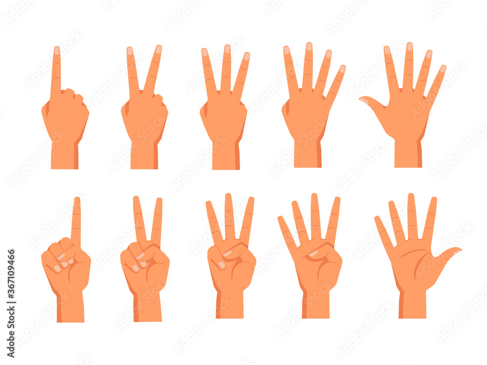 Poster Set of vector hands showing fingers. Front and back view of palm with fingers counting. Sign for one and two, three, four, five numbers. Wrist with digit gesture. Math education for school. Arm count