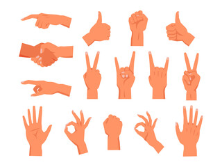 Set of vector hand gesture. Non verbal palm symbol. Clenched or raised fist, finger pointing or touch, thumb up, handshake, sign of horns or rock, high five, victory or peace, ok, good. Human gestures
