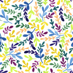 Watercolor seamless floral pattern with colorful leaves. Hand painting illustration in vintage style