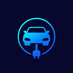 electric car with plug, ev charging station icon