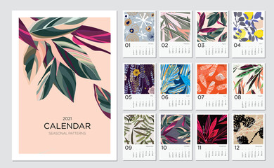 2021 calendar template. Calendar concept design with abstract natural patterns. Set of 12 months 2021 pages. Vector illustration - 367110400