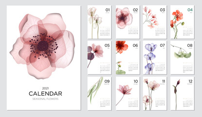 2021 calendar template on a botanical theme. Calendar design concept with abstract seasonal flowers. Set of 12 months 2021 pages. Vector illustration - obrazy, fototapety, plakaty