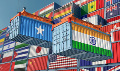 Freight containers with India and Somalia flag. 3D Rendering 