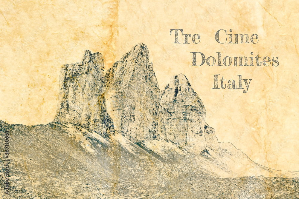 Wall mural Tre Cime peaks in Dolomites, Italy, sketch on old paper