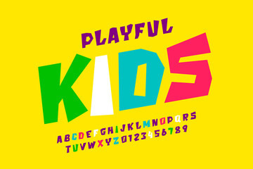 Kids style colorful font, playful alphabet letters and numbers