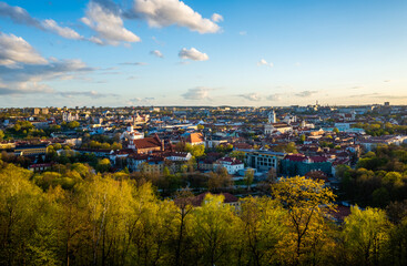 April 27, 2018 Vilnius, Lithuania. View of the old city of Vilnius from Three Cross Mountain.