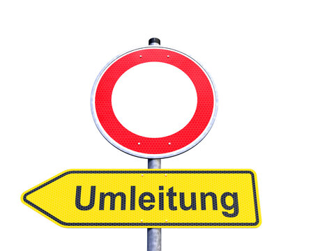 3d Illustration - Verkehrsschild - Verbot für Fahrzeuge aller Art - Umleitung - Links - Freisteller - Freigestellt