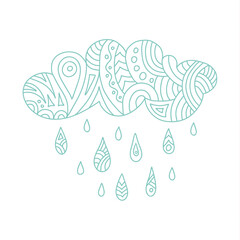 Autumn template for cards. Hand-drawn cloud with drops in zentangle style. Vector linear illustration. coloring page on the theme of fall and rain.